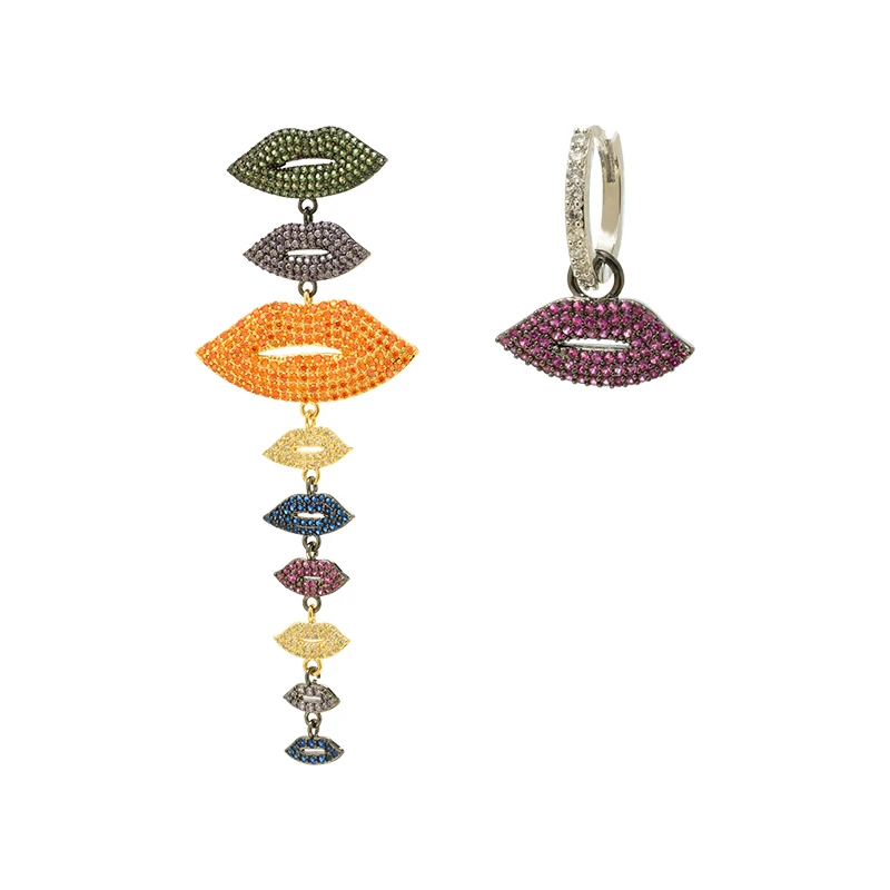 

ED64612 Dainty pave colorful zircon lip dangle hypoallergenic asymmetric earrings fashion 14k gold plated women jewelry