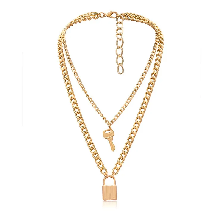 

2020 Punk Unisex Long Multilayer Chain Lock And Key Couple Necklace Set 2 Layered 14K Gold Plated Key Padlock Pendent Necklace, As picture