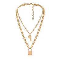 

2020 Punk Unisex Long Multilayer Chain Lock And Key Couple Necklace Set 2 Layered 14K Gold Plated Key Padlock Pendent Necklace
