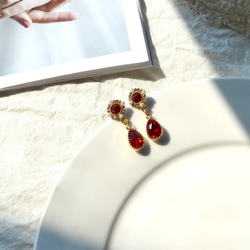 

JUHU New retro baroque style earrings fashion pearl gems wild earrings S925 silver needle jewelry for women, Red