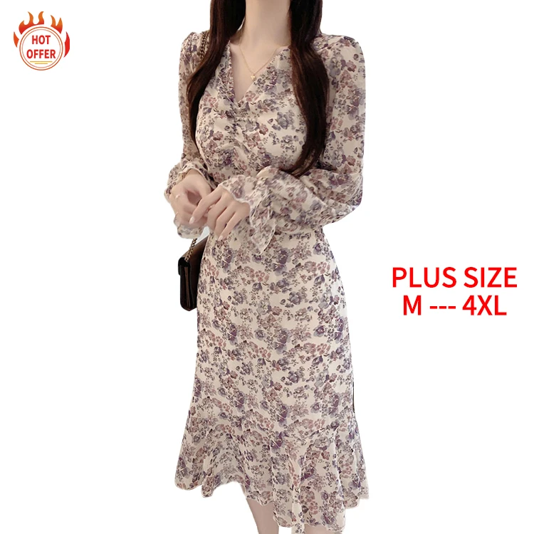 

Top Sale V-Neck Long Sleeve Stylish Sexy Elegant Chiffon Floral Midi Woman's Summer Casual Plus Size Dress
