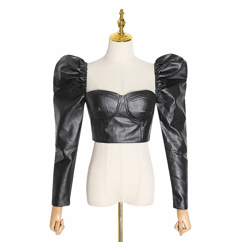 

PU Leather Women's top sexy high waist PU blouse with puff sleeve
