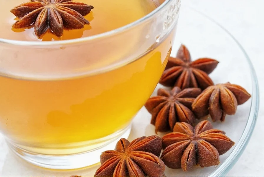 Dried star anise pods arranged around a teacup
