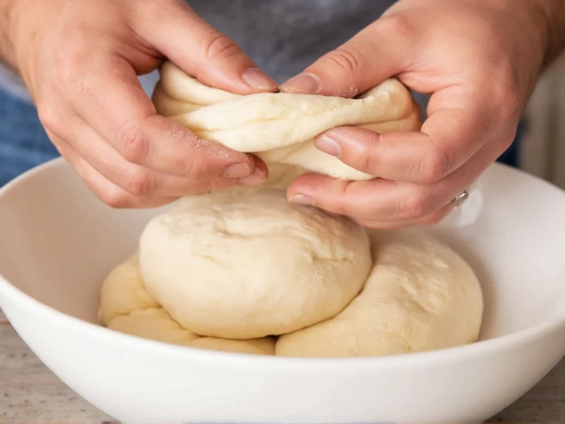 Hands folding bread dough in bowl