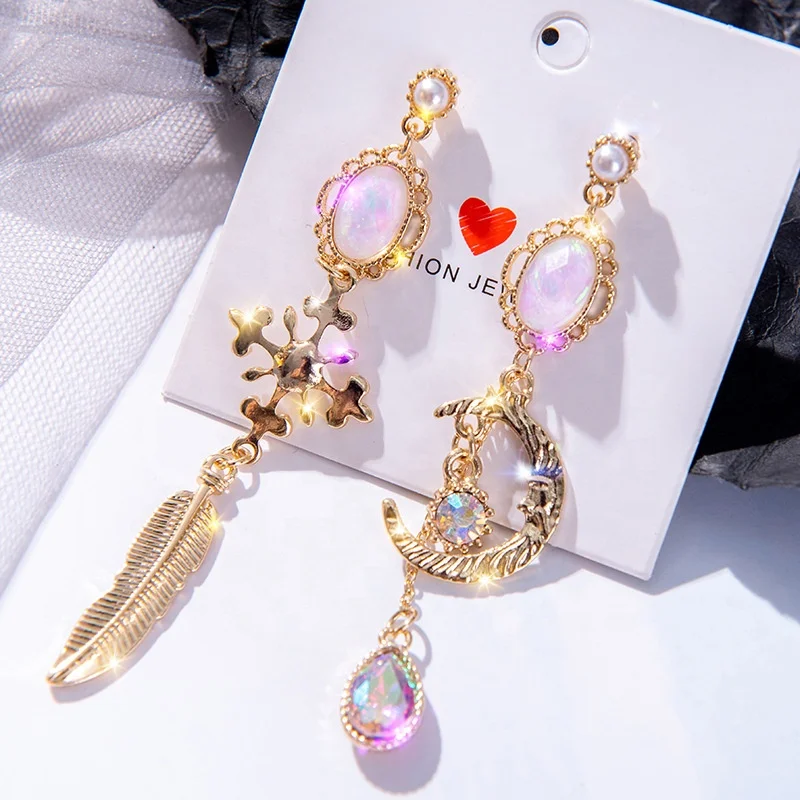 

Kaimei New baroque palace style earrings female European asymmetric long earrings moon rhinestone drop irregular dangle earrings, Many colors fyi