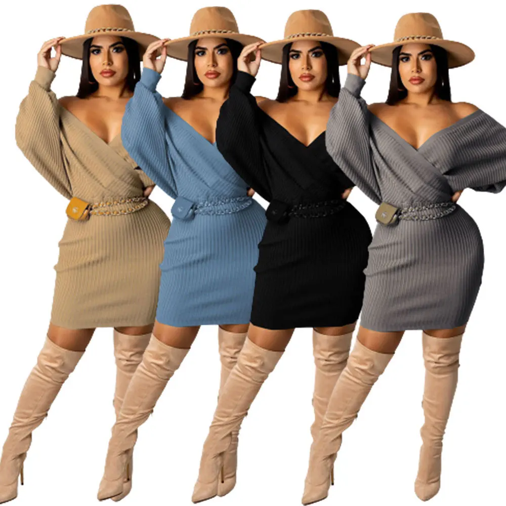 

Autumn Wear 2021 New Fashion Dresses Lady Without Waist Belt Solid Backless V Neck Bat Sleeve Short Dress, Gray,black,apricot,sky blue