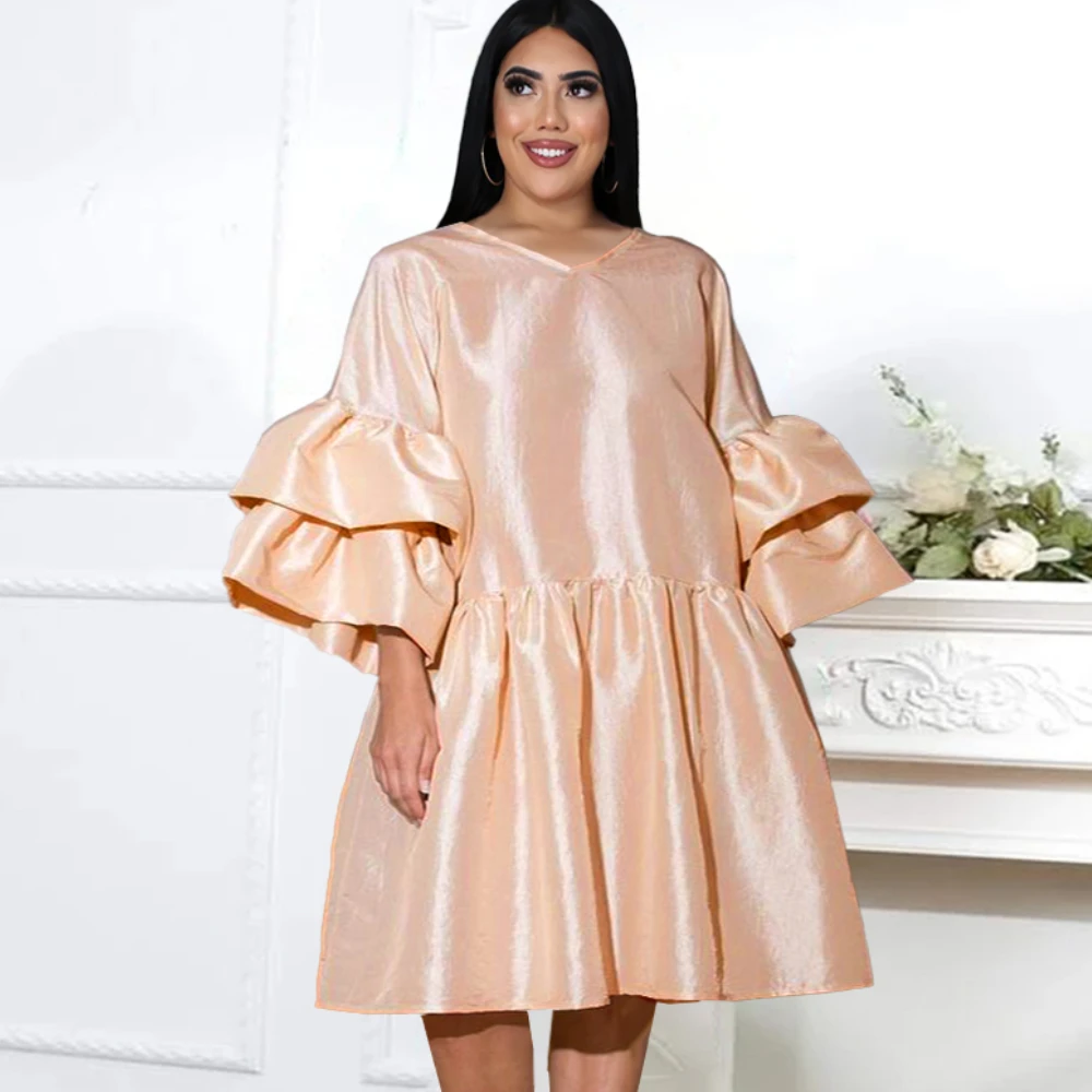 

Hot Sale Loose Casual Plus Size Long Flare Sleeve Shiny Party Fashion Dress