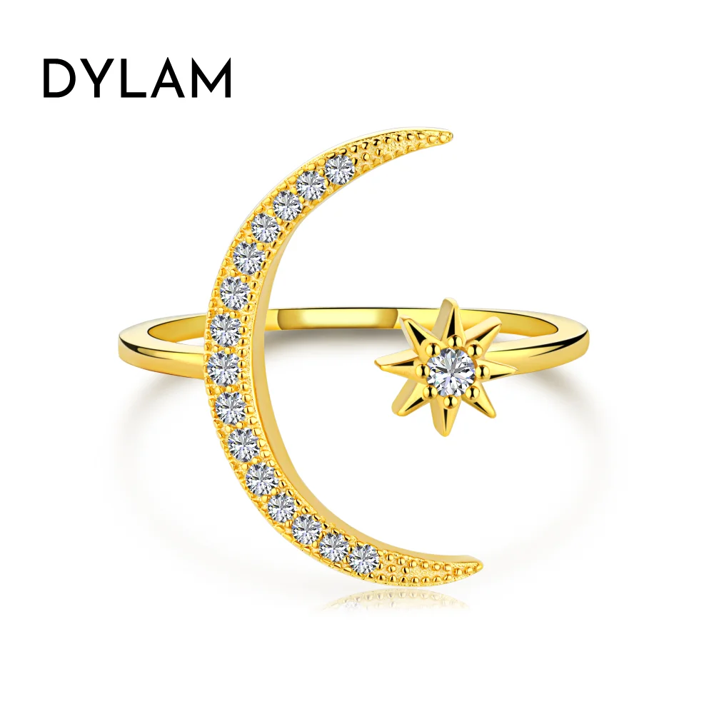 

Dylam Fashion Design 925 Sterling Silver Jewelry Gold Plated Moon Star Rings Open Adjustable Fine Rings