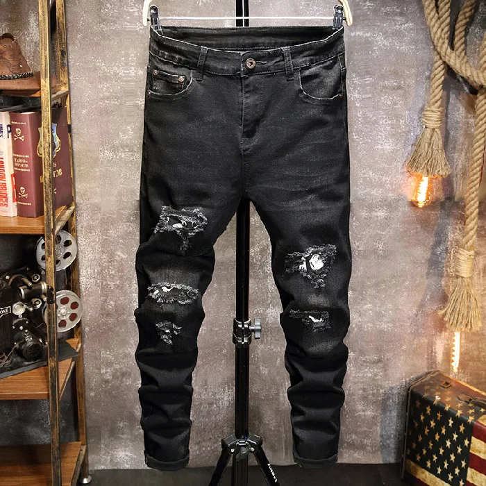 Men Jeans Denim Fashion Pants Ripped Sexy Skinny Patchwork Black Trendy ...