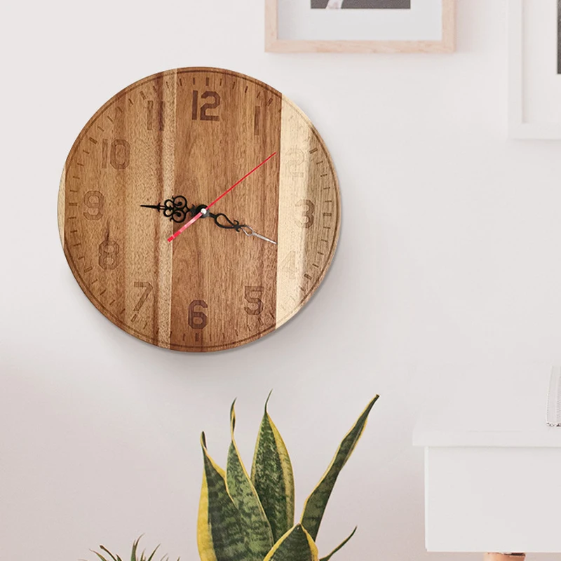 

Wooden Round Wall Clock, Acacia Wood Grain Look Rustic Chic Style Wooden Round Home Decor Wall Clock