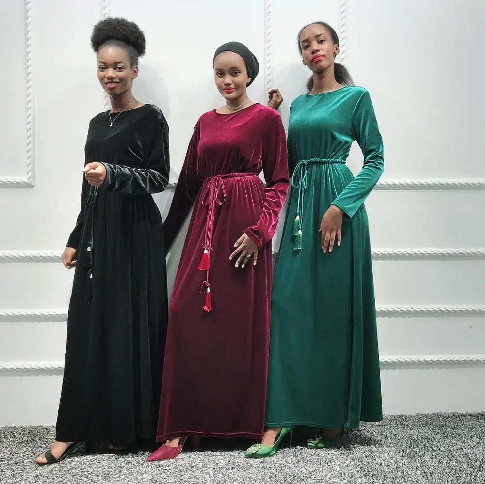 

2019 latest hot Sale high quality fashion muslim velvet maix dress abaya black velvet Daily Wear Muslim Dresses, Black,navy,wine red,dark green