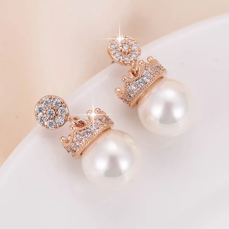 

hot sale Engaged bride golden pearl earring simple zircon gold pearl earrings tiktok popular Wedding bridal crown earrings