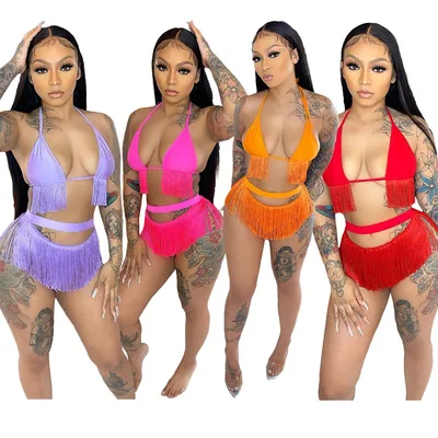 

Sexy Halter Women Swimsuit Bikini Two Piece Set Tassel Summer Beach Clothes For Women Beachwear, White,black,orange,red