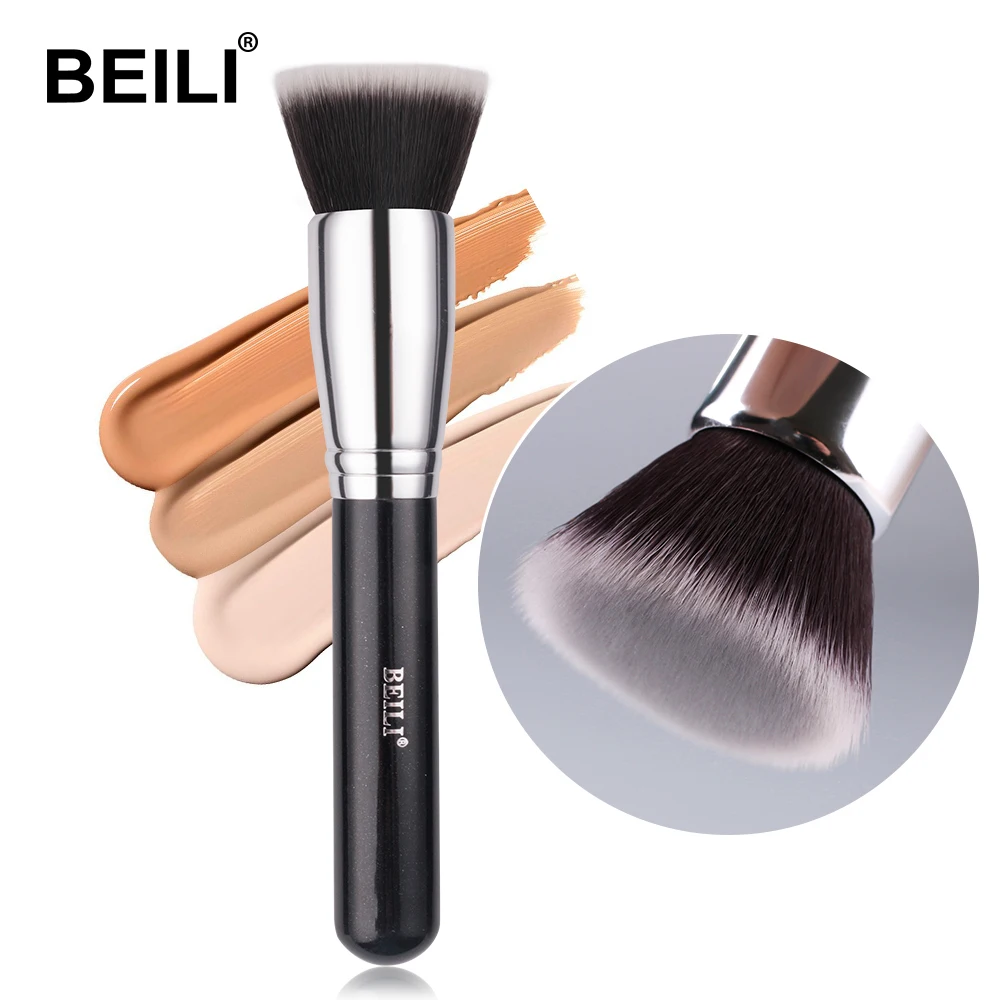 

BEILI single Black Flat Cream Foundation Brush Wholesale Synthetic Hair Kabuki Brush Wooden Handle makeup brush pincel maquiagem