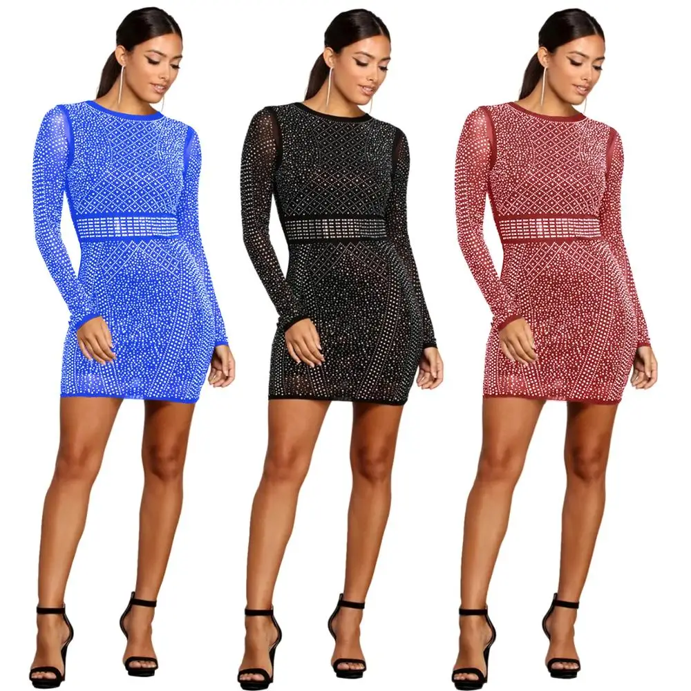 
New Fall Sexy Long Sleeve Mesh See Through Rhinestone Women Dress Clubwear 