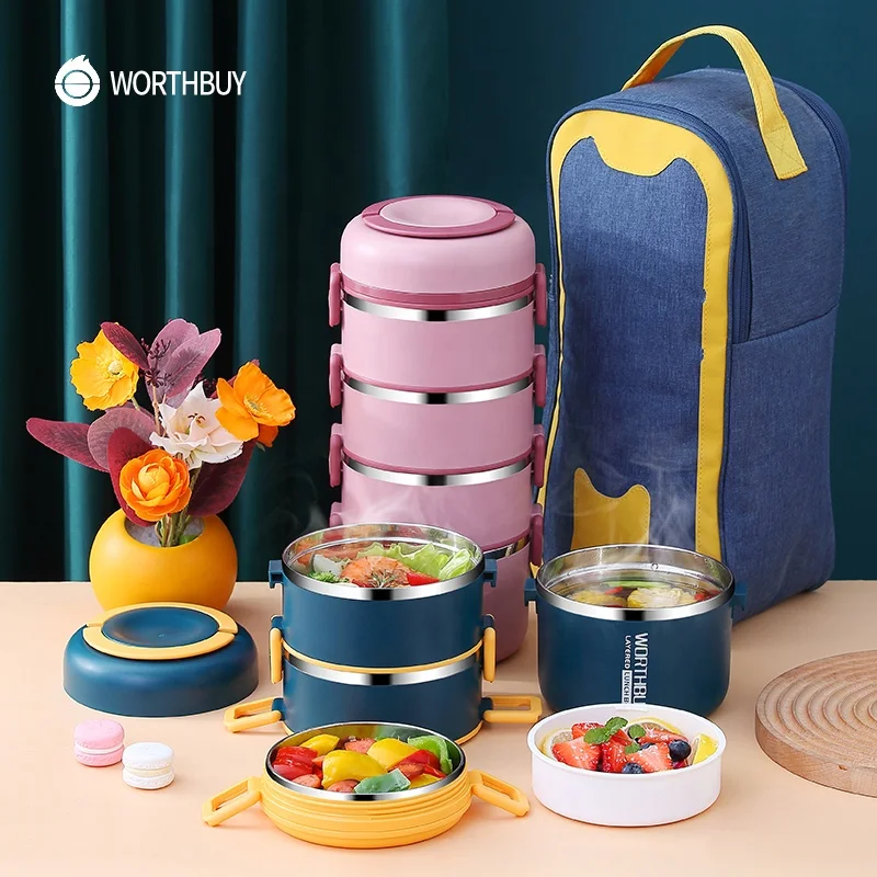 

WORTHBUY Multi-layer Lunch Box Portable Food Container Kitchen Stainless Steel Bento Box For Kids, Pink/blue