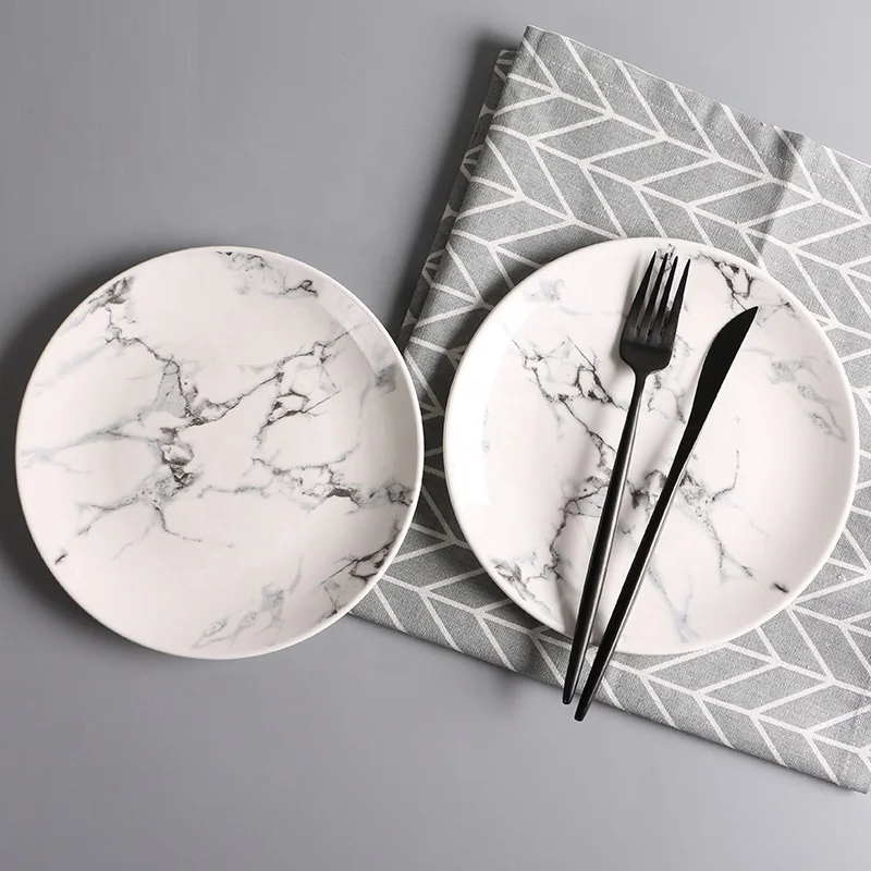 

8'' Round Ceramic Plate For Home Hotel Restaurant Dining Plate Marbled Tableware Salad Pasta Plates Sets Dinnerware Ceramic, As pictures