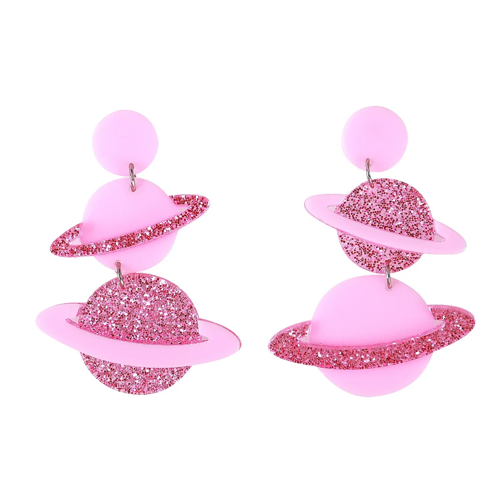 

2023 Pink Romantic Little Planet Space Ship Sequin Student Cute Asymmetrical Geometric Acrylic Earrings