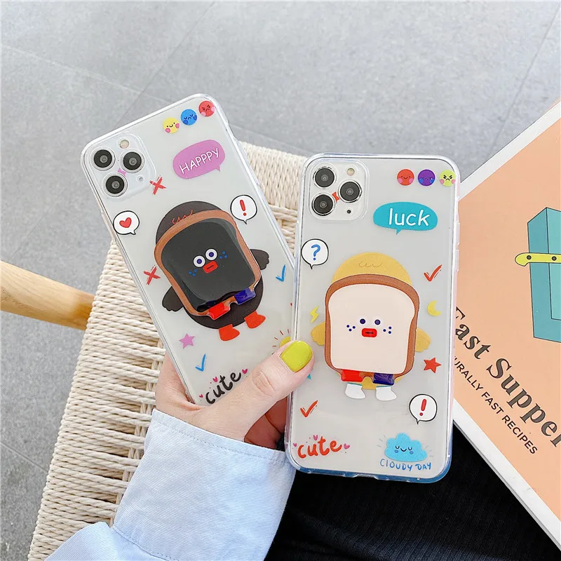 

3D Korea cartoon Transparent bread brothers holder bracket soft case for iphone 11 Pro 7 8 Plus X XS XR MAX SE 2020 cover