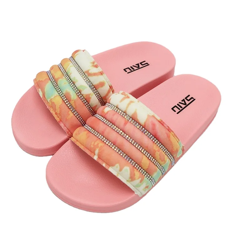

Fashion women flower crystal slides pink color rhinestone slippers tie dye ladies diamond sandals outdoor slippers for women