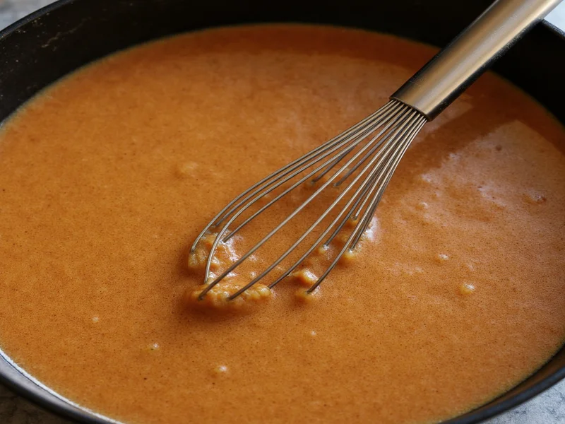 Whisking brown gravy roux in cast iron pan