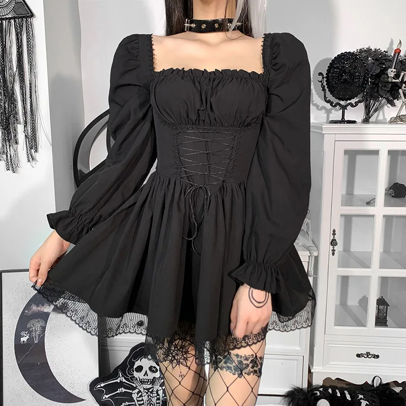 

Trendy Cool Sexy Solid Lolita Dress Gothic Costume Autumn Long Sleeve Steampunk Victorian Women Black Gothic Clothing Dress, Blue/ rose red/white/black gothic dress