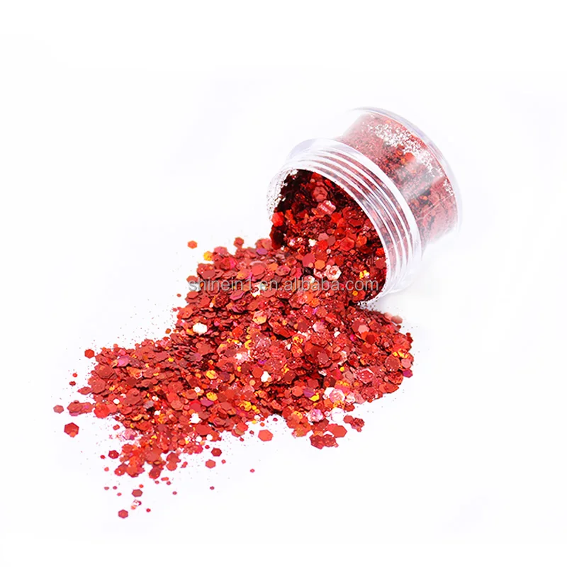 

Wholesale Bulk Polyester Hexagon Tech Nails Supplies Red Chunky Glitter Nail Supply Vendor, Mixed multi colors