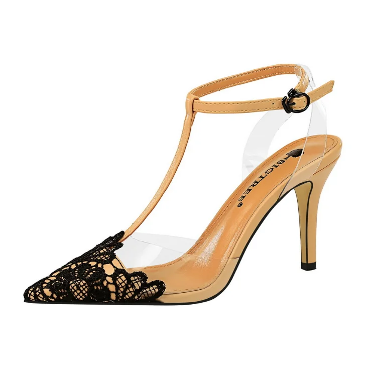 

Fashion banquet sexy women's shoes stiletto high heel lace pointed T-strap sandals clear heels, Black,beige,white,red,gery,blue