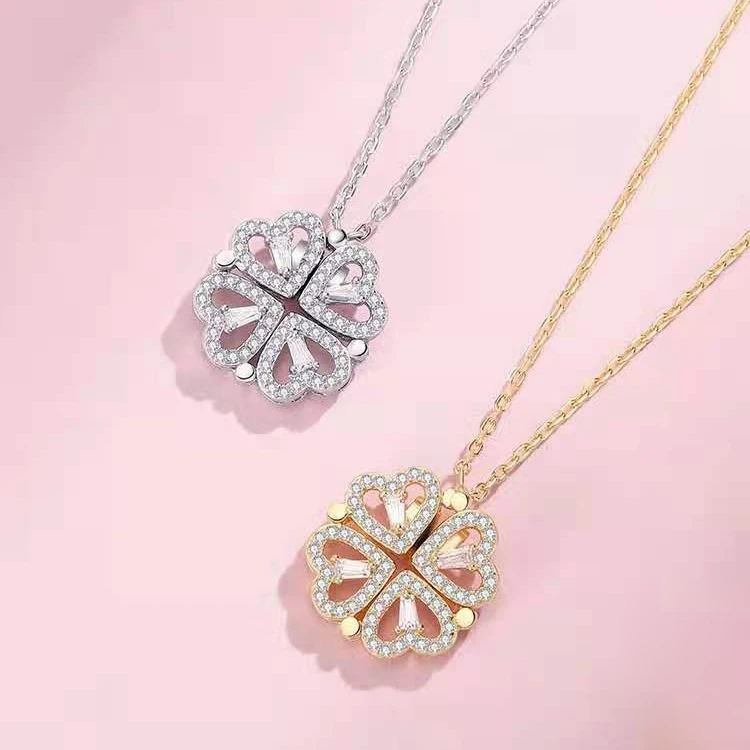 

Minimalism Gold Plated Jewelry Silver Heart Chain Zircon Leaf Female Lucky Clover Necklace For Women