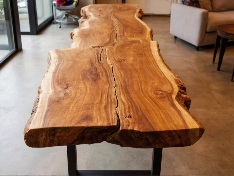 Handcrafted wooden table with natural edge and live finish