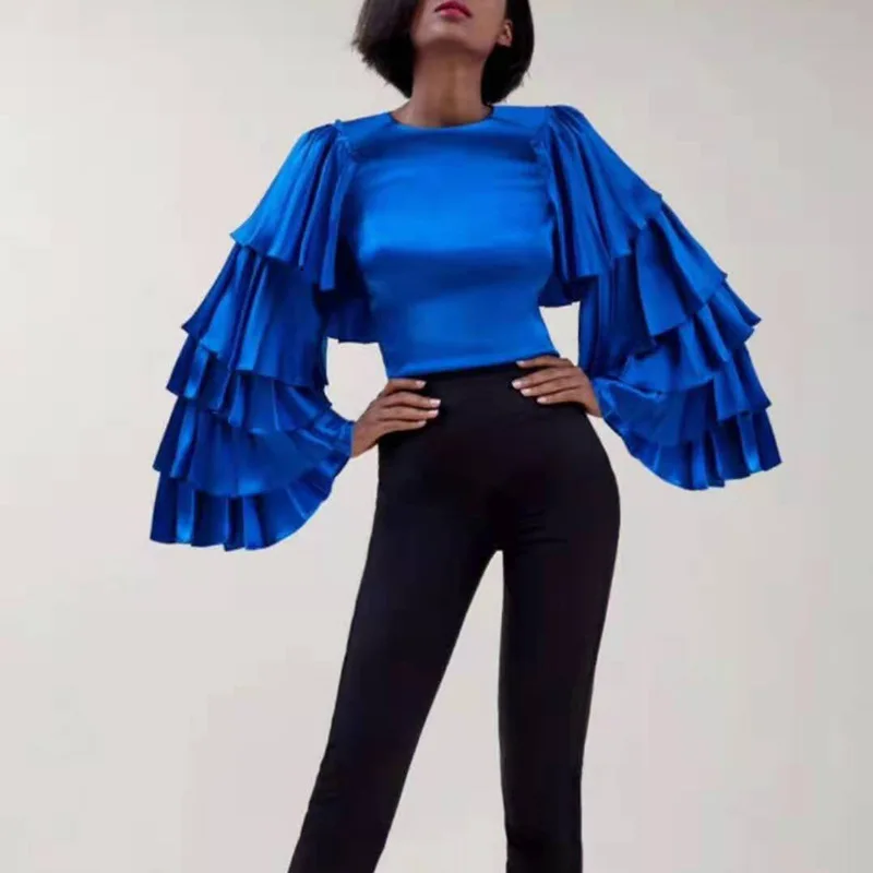 

2020 spring style ladies blouses & tops with ruffle women top with flare long sleeve many colors for option