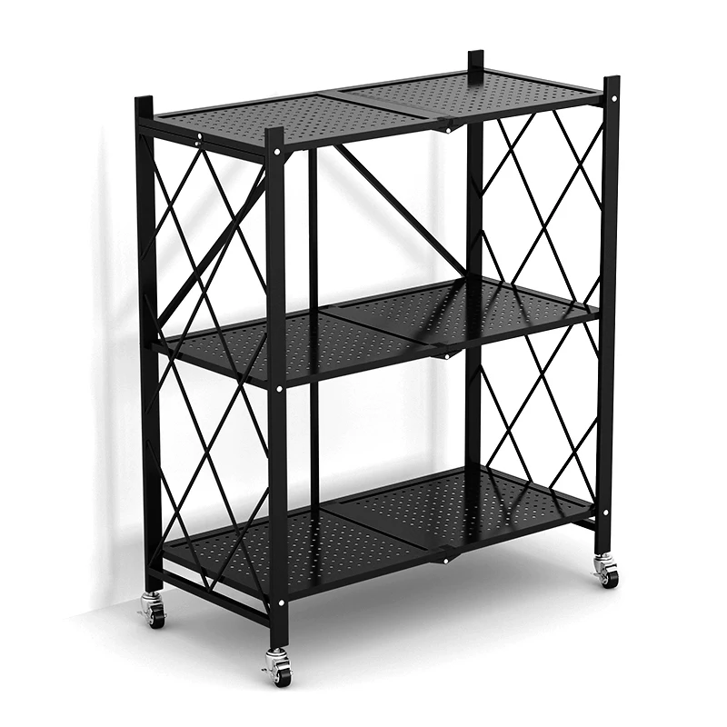 
3 tiers foldable stand kitchen shelf rack metal folding storage shelves on casters  (1600124285732)