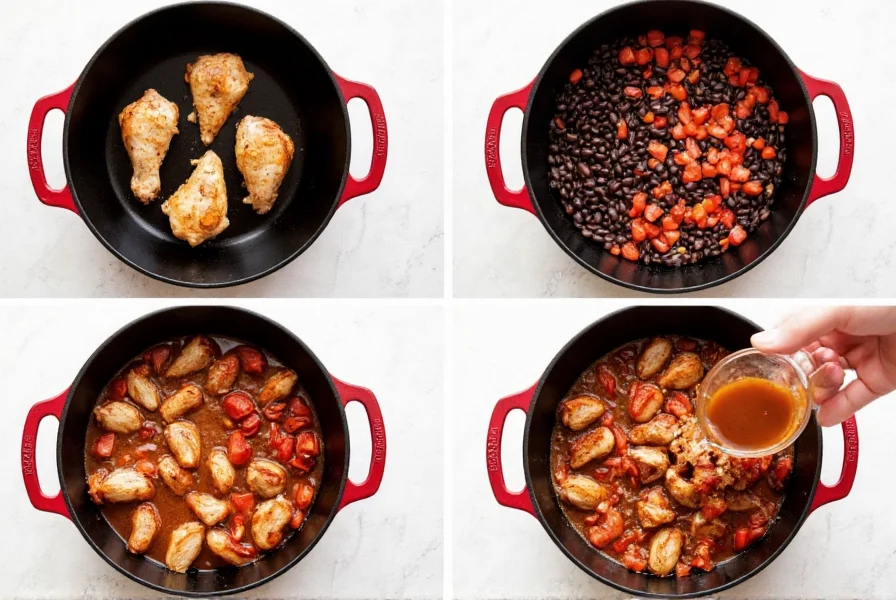 Step-by-step preparation of black bean chicken chili showing seared chicken, black beans, diced tomatoes, and spices in a cast iron pot