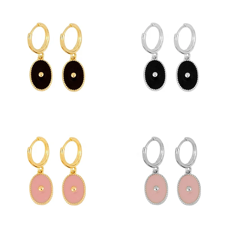 

Elegant 925 Sterling Silver Piercing Earring Oval Black Pink Colors Dripping Oil Hoop Earrings For Women Wedding, Gold and silver