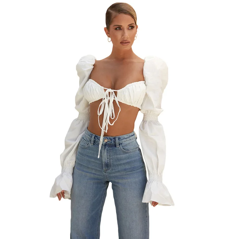 

2020 New Sexy Autumn Long Sleeve Tops Off Shoulder Short Tops Pleated Flare Sleeve Ruffle Blouse Sexy Casual Cop Tops