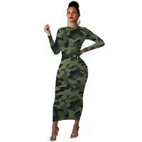 

New Arrival Fashion Dress Women Ladies Casual Vintage Camouflage Long Sleeve Bandage Bodycon Women Midi Dresses