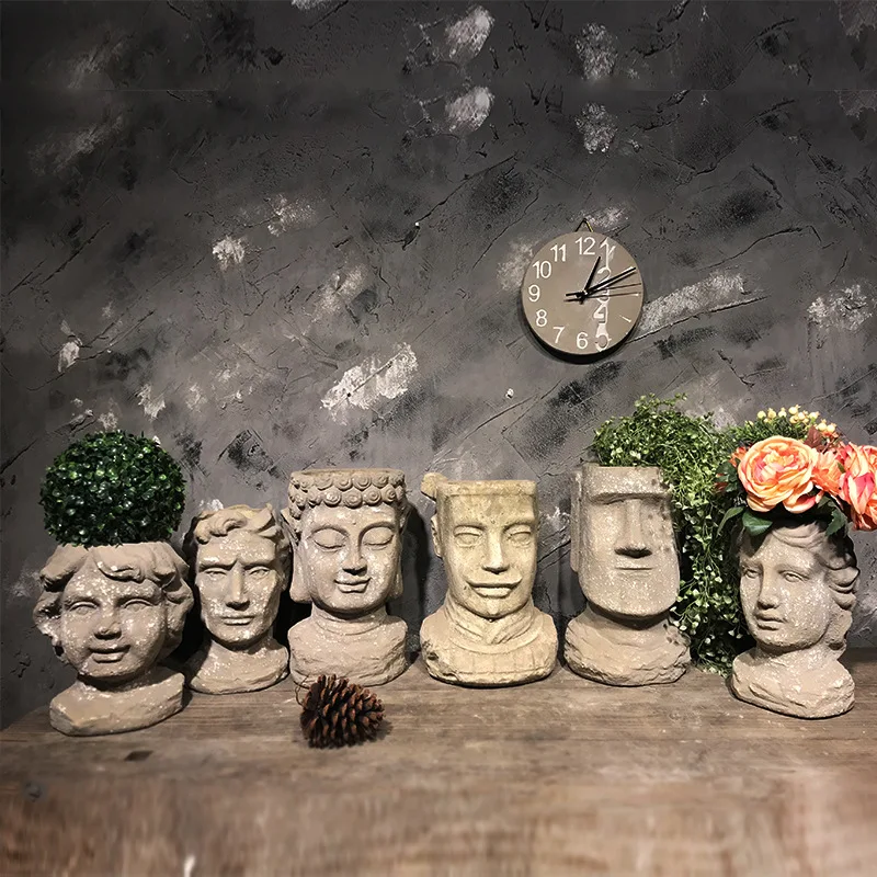 

Antique personality head cement terracotta Greek goddess Buddha statue Nordic plant flower pot, White, black