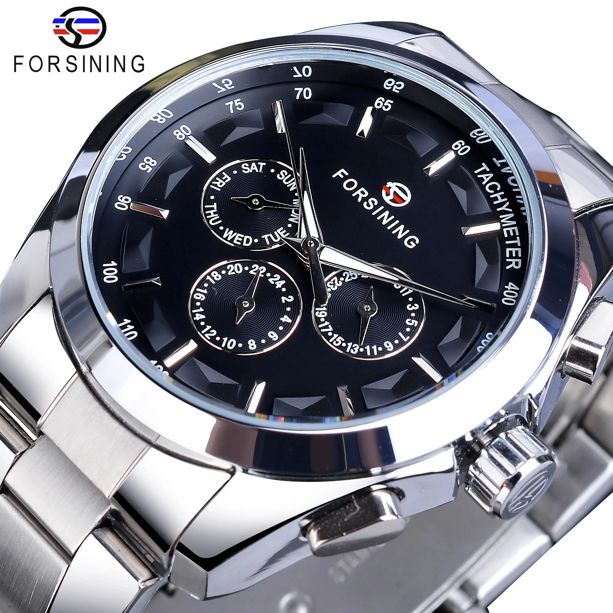 

Forsining Black Men's Mechanical Watch 3 Dial Calendar Automatic Self-Wind Clock Business Sport Stainless Steel Belts Wristwatch