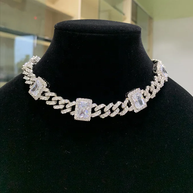 

wholesale big pink diamond geometric rectangle big stone cuban necklace for women, Silver color