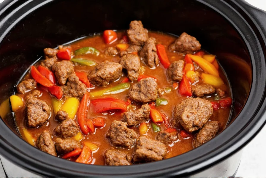 Perfectly cooked pepper steak in crock pot with vibrant bell peppers and tender beef strips in glossy sauce