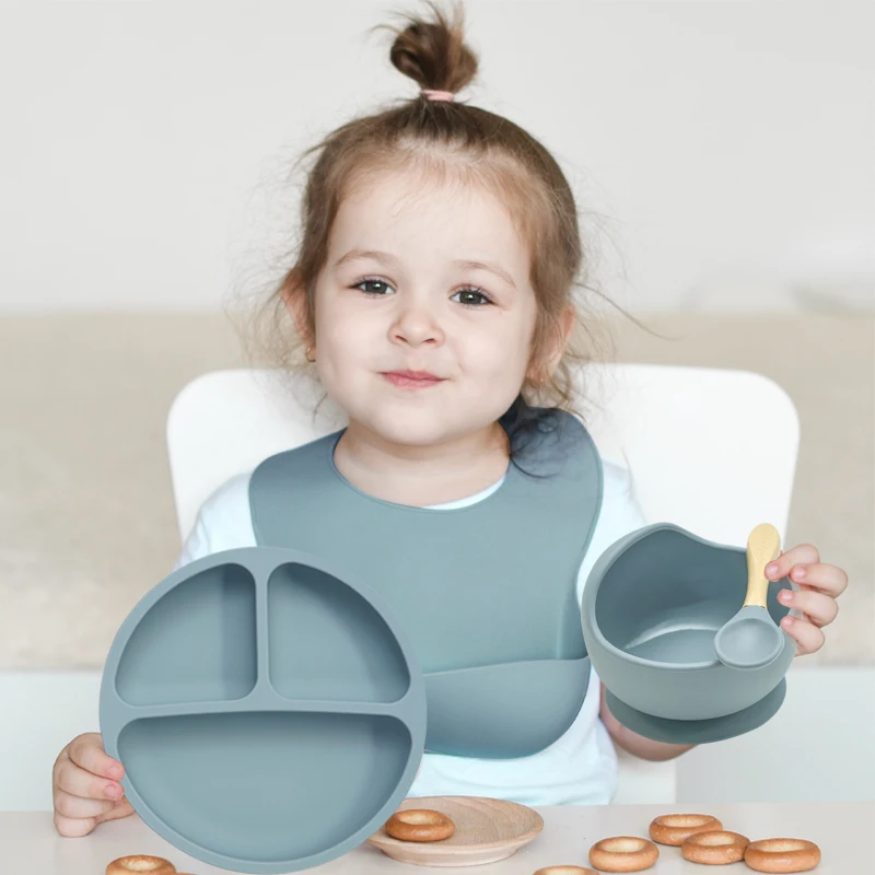 

BPA Free Baby Silicone Ecofriendly Baby Bibs And Plate Suite Fashionable Children's Dishes Bowl Baby Stuff Tableware Gots Bib, Customized color acceptable