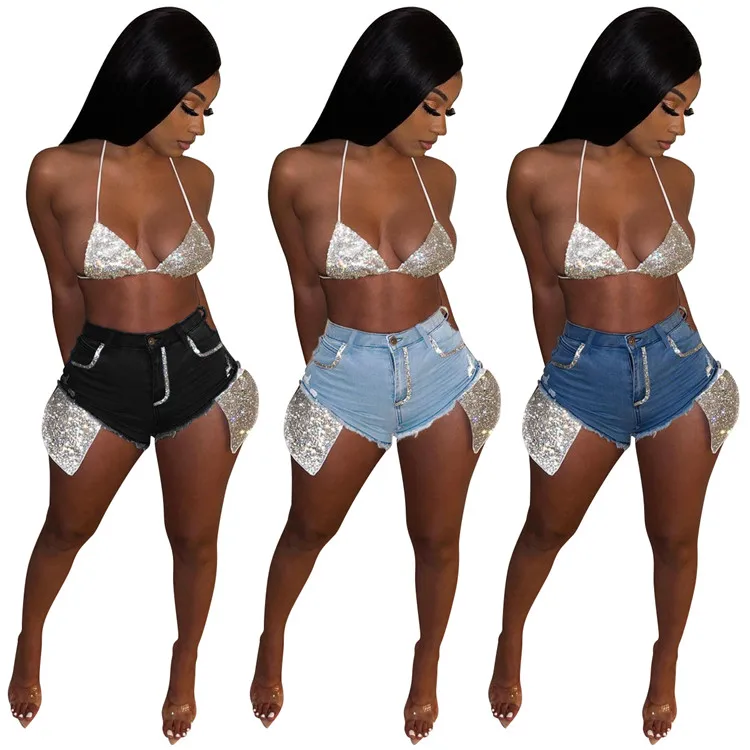 

Sexy Ladies Denim Pants Washed Rhinestone Plus Size Women Short Jeans