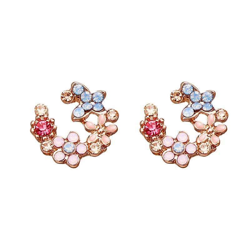 

High Quality Cute Gold Plated Alloy Pink Crystal Dripping Oil Flower Stud Earrings for Girls, Silver