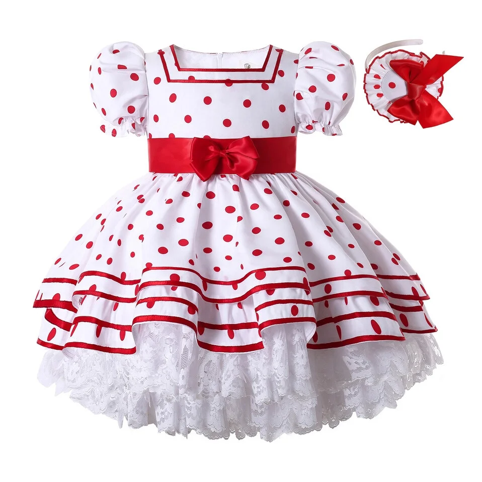 

Pettigirl Elegant Kids Wedding Party Dresses for 9 Years Red Polka Girls Dress with Hairband 2021 Children clothes & Petti skirt