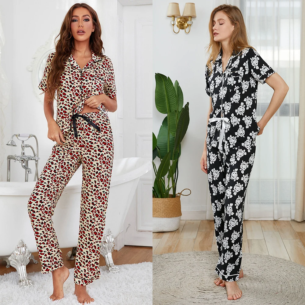 

Summer short sleeve white flowers premium rayon fabric sleepwear korea women sleep cloth night wear female adult cool pajama set