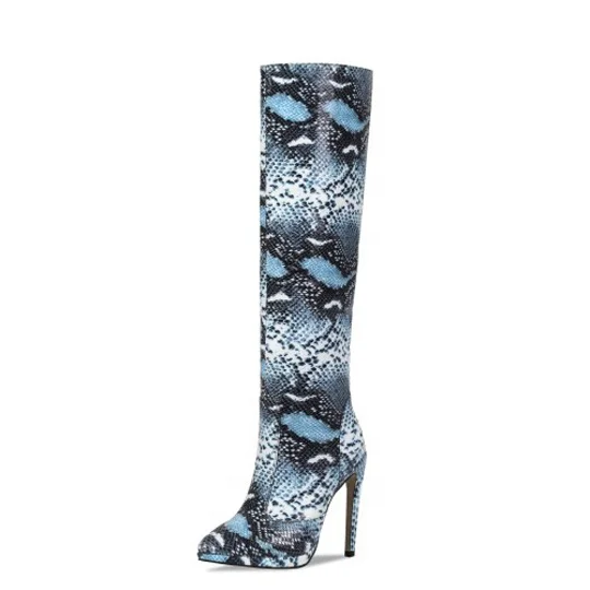 

Hot Selling Women Blue Shoes Boot High Heel Snake Leather Knee High Boots Pointed toe Stiletto Lady Thin Heel Fashion Long Boots