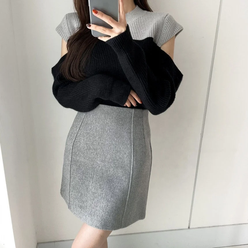 

Warm elegant and sexy long-sleeved off the shoulder knitted sweater women's O-neck pullover loose and plus size button sweater, Colors as shown