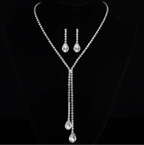 

00506-3 2021 Necklace Earrings Set Crystal Water Drop Diamond Jewelry