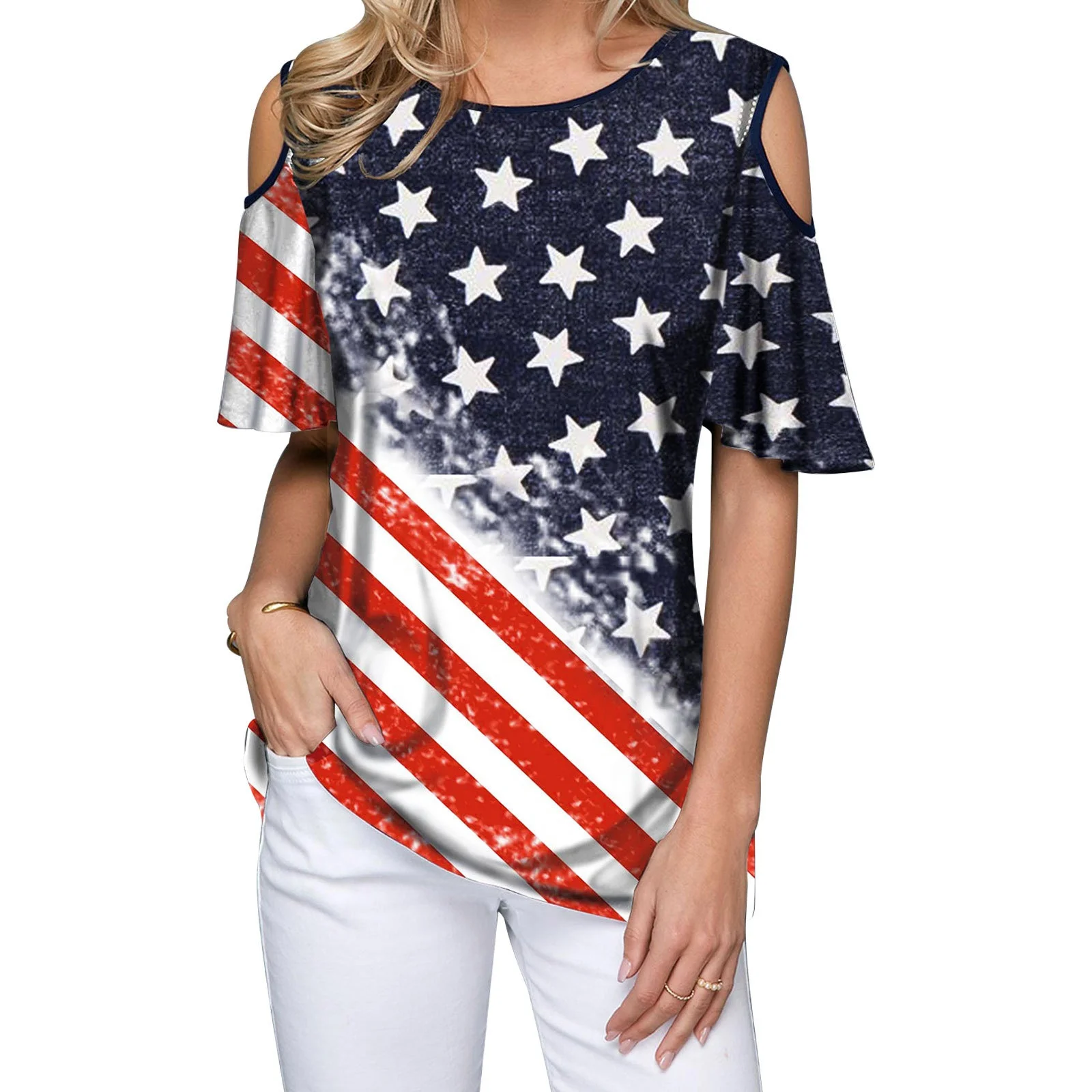 

Flag five-pointed star printed round neck strapless short sleeve T shirt