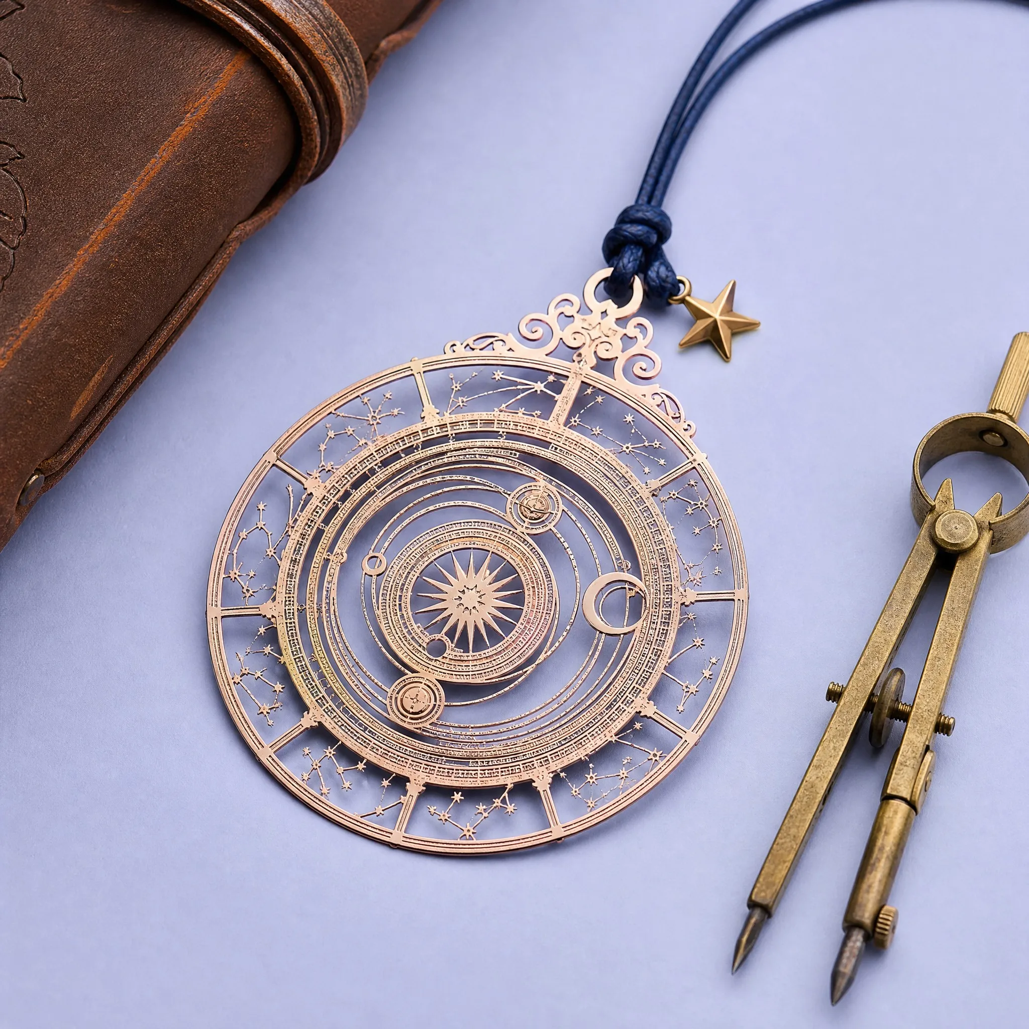 Custom Rose Gold Astrolabe Celestial Chart Bookmark with Leather Cord and Star Charm